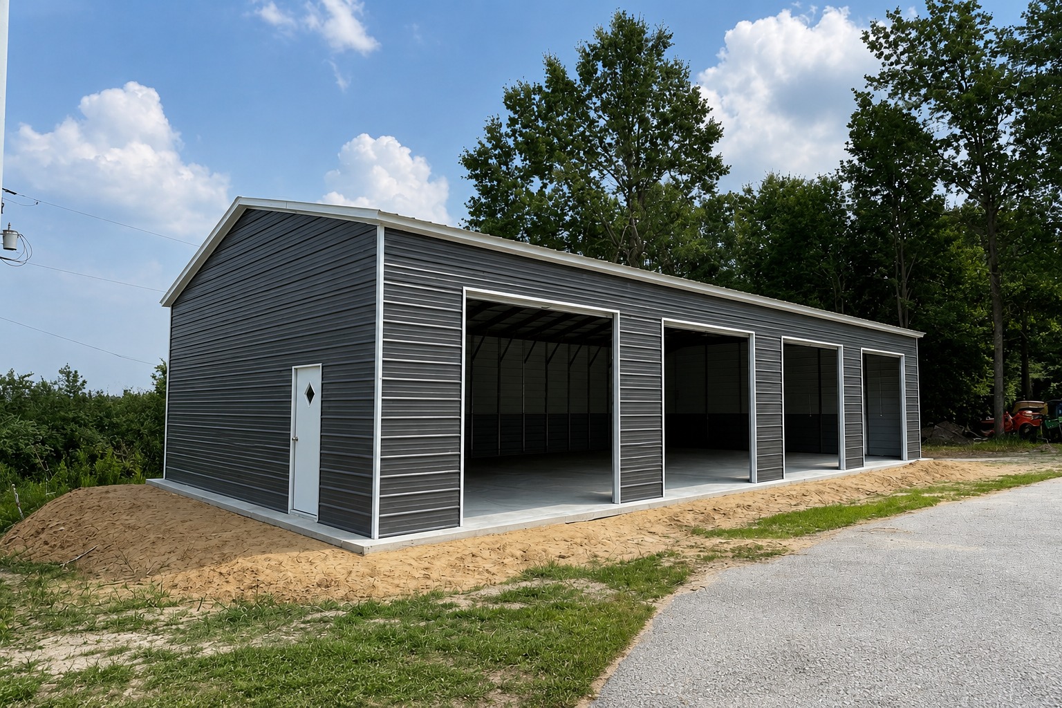 Dark gray three-bay open steel garage