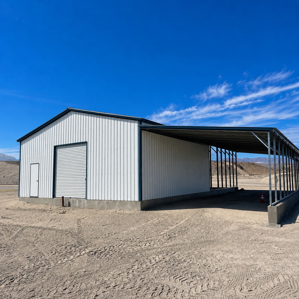 White steel garage with lean-to carport in desert