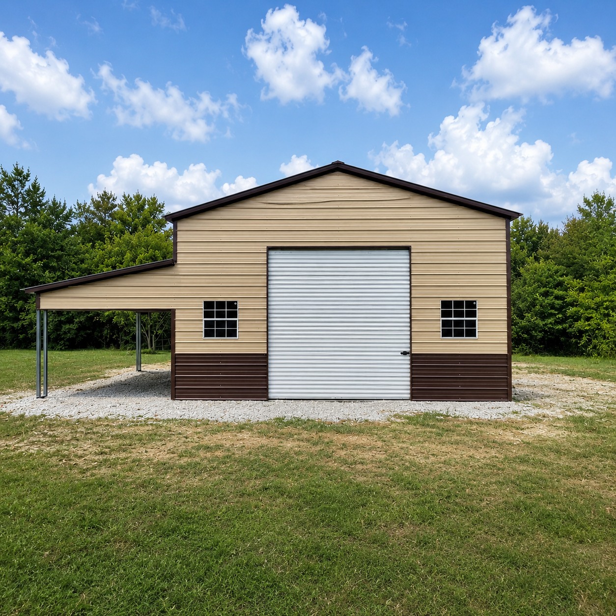 Tan and brown steel garage with lean-to carport on grass