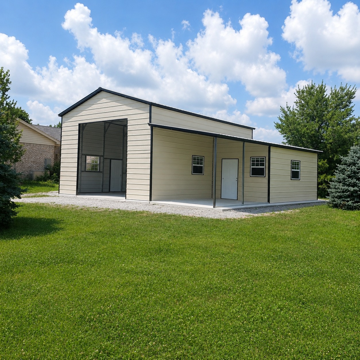Beige combo building with garage and carport section on grass